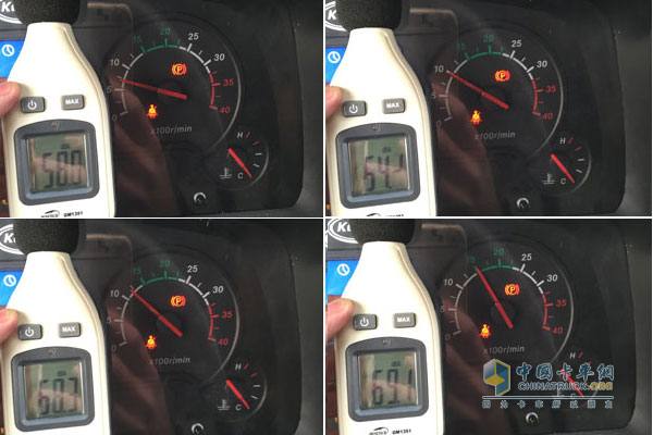 發(fā)動機轉速分別在怠速、1000r/min、1250r/min、1500r/min時駕駛室內部噪音