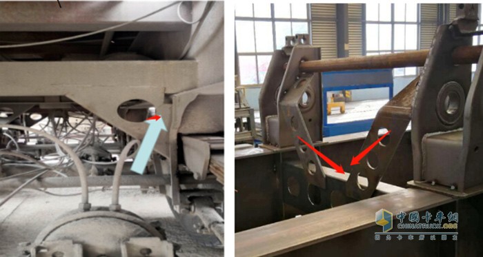 灰熊側(cè)翻自卸半掛(右)與同類產(chǎn)品焊接、斜撐對比