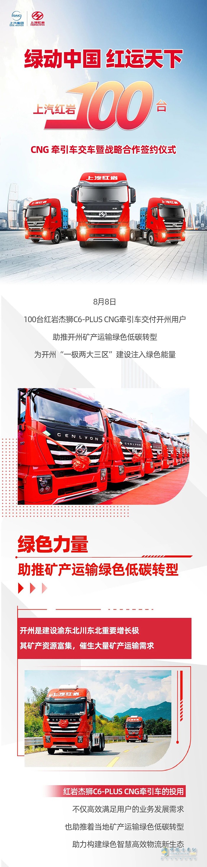 上汽紅巖100臺CNG牽引車交車暨戰(zhàn)略合作簽約儀式圓滿舉行！