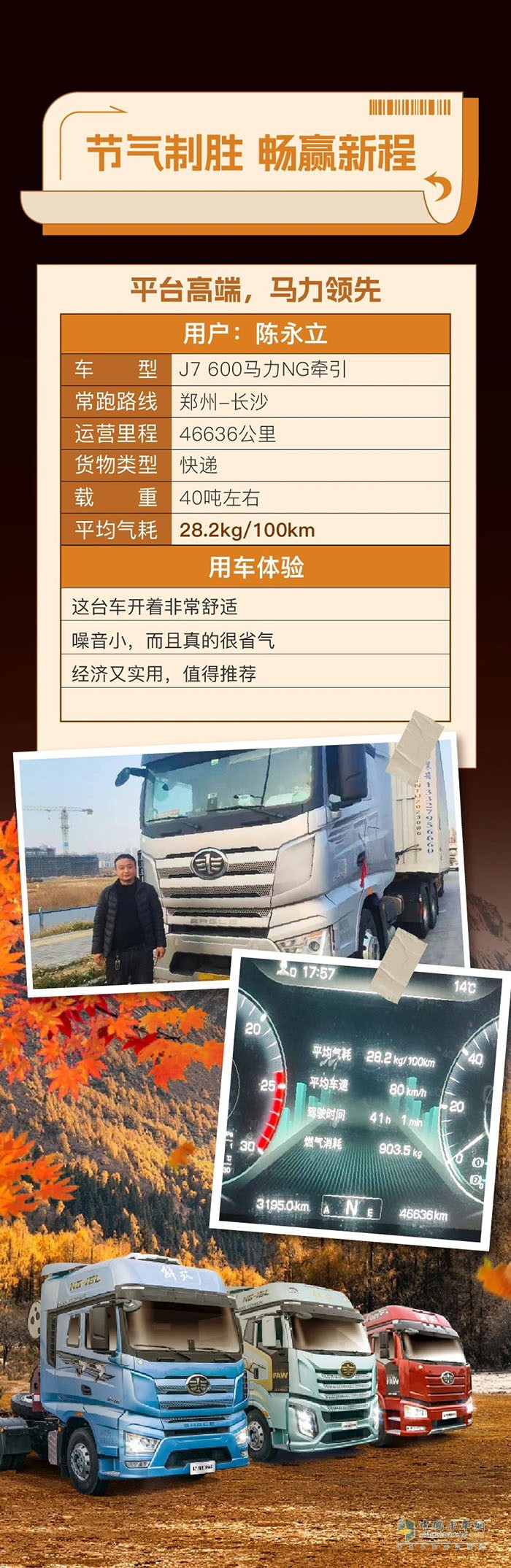 百公里氣耗28.2kg！陳師傅表示經(jīng)濟(jì)實(shí)用就選J7 600馬力NG牽引