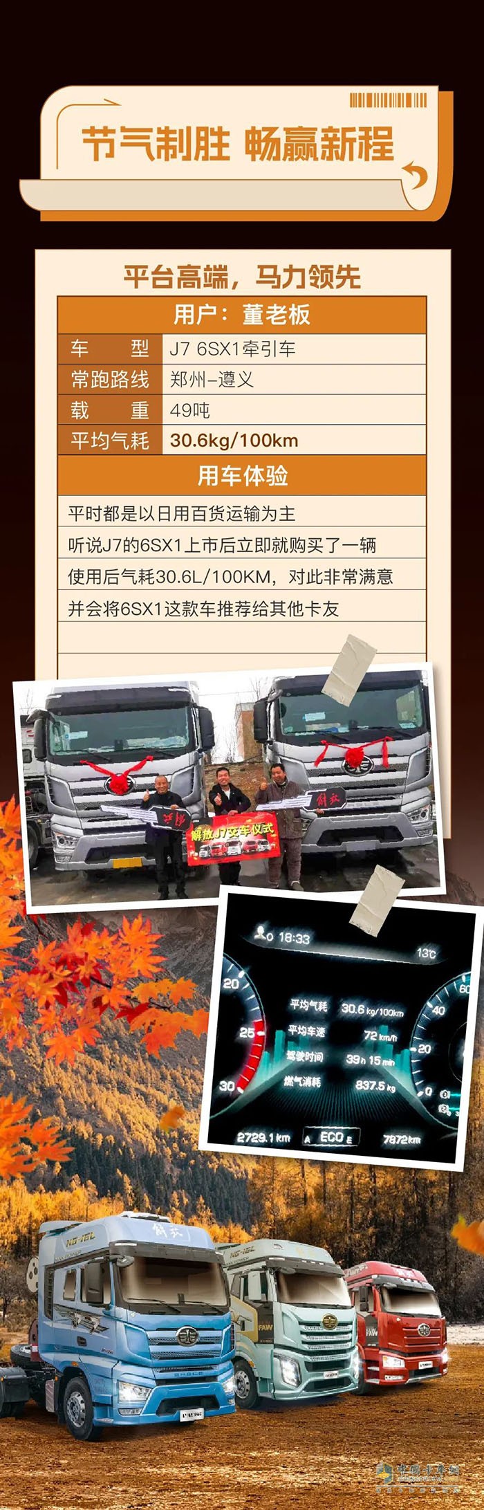 百公里氣耗30.6kg！一汽解放J7 6SX1牽引車助力董老板笑贏致富之路