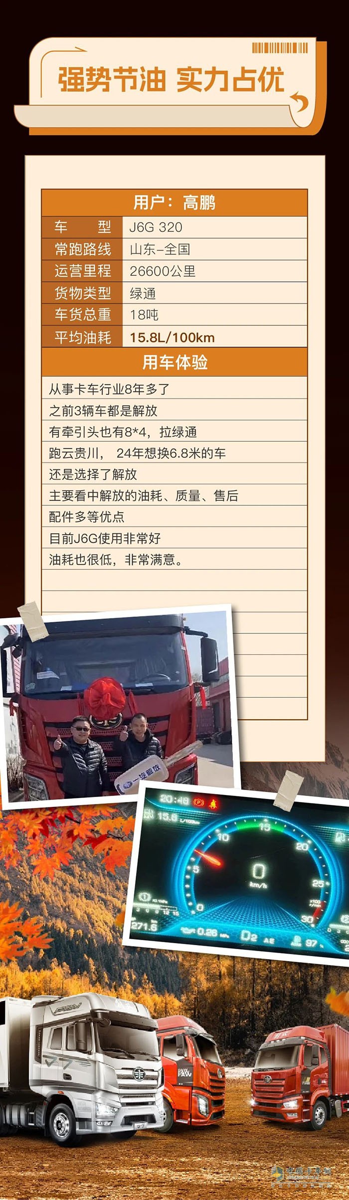 百公里油耗15.8L！一汽解放J6G助高師傅運(yùn)營(yíng)更省心！