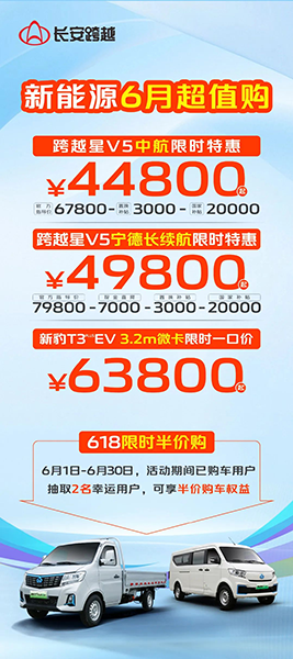 長安跨越新能源6月超值購，低至44800元起！