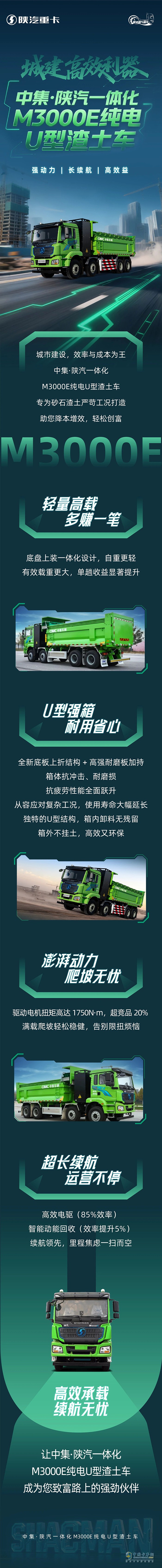 <p>　　城建高效利器！中集·陜汽一體化M3000E純電U型渣土車(chē)，強(qiáng)動(dòng)力、長(zhǎng)續(xù)航、高效益！</p>