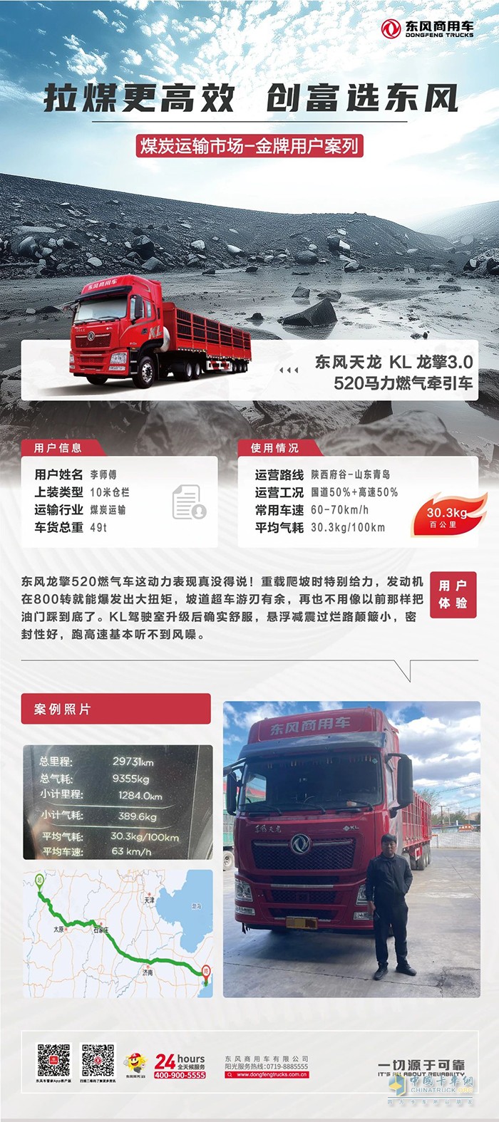 東風天龍KL燃氣車真給力！百公里氣耗30.3kg！