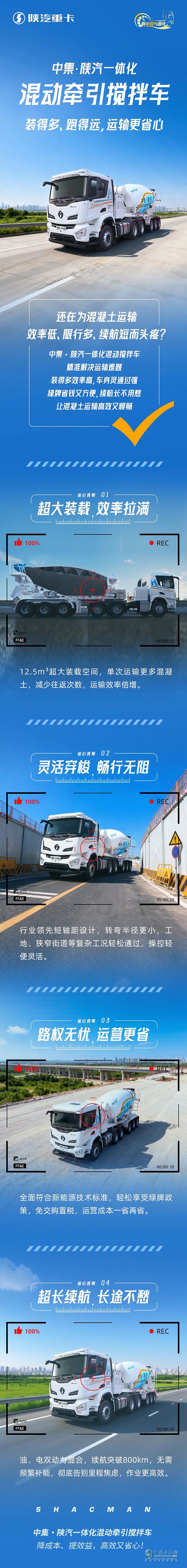 中集·陜汽一體化混動牽引攪拌車，裝得多、跑得遠(yuǎn)，運(yùn)輸更省心