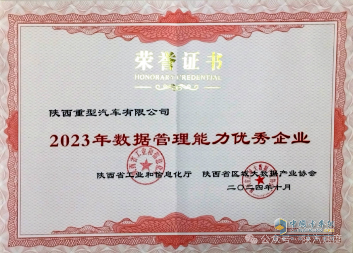 陜重汽獲陜西省“2023年數據管理能力優(yōu)秀企業(yè)”榮譽稱號